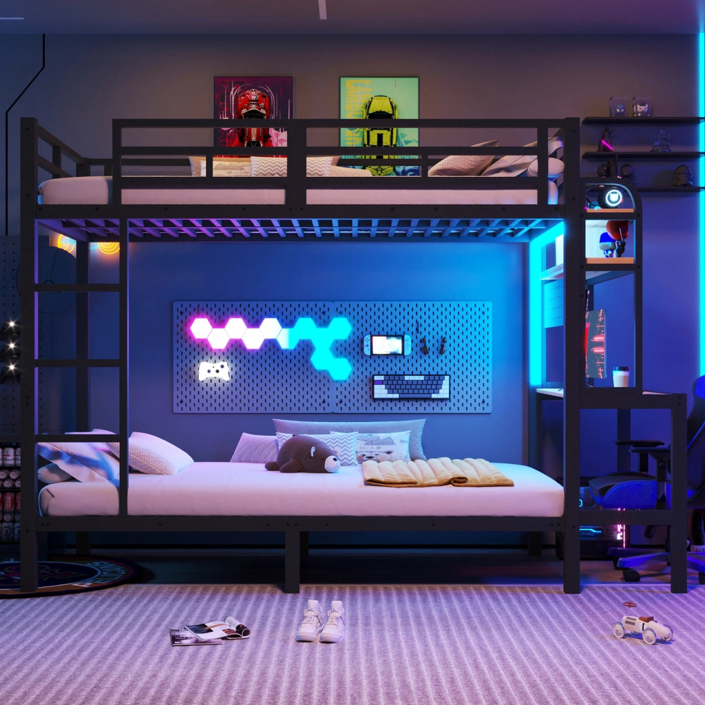 LETTO A CASTELLO 90x200 cm Metallo Nero con scrivania, LED e USB