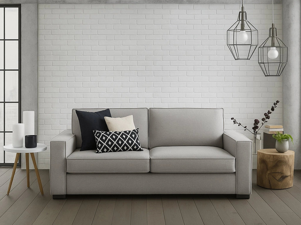 Divano fisso Abernathy, Divano a 3 posti, Made in Italy, Sofà\  Soggiorno in tessuto, con Braccioli slim, cm 200x95h90, Grigio