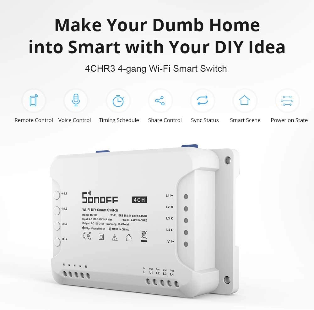 SONOFF 4CHR3  Canali Montaggio su barra DIN Interruttore Wi-Fi per Realizzazione Impianto Domotica Fai-Da-Te (Smart Home DIY), Controllo Remoto di Quattro Elettrodomestici Indipendenti