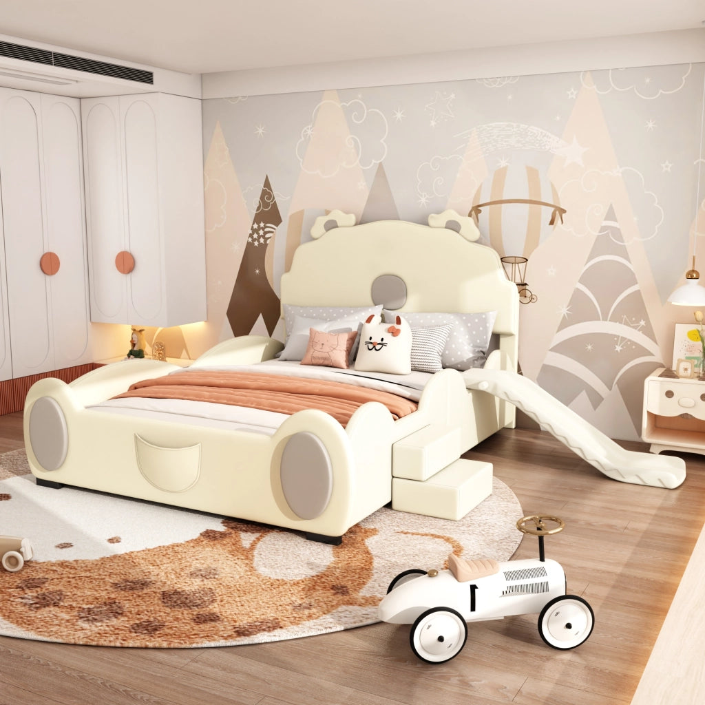 LETTO per bambini 140x200 cm PU Beige con scivolo e scala
