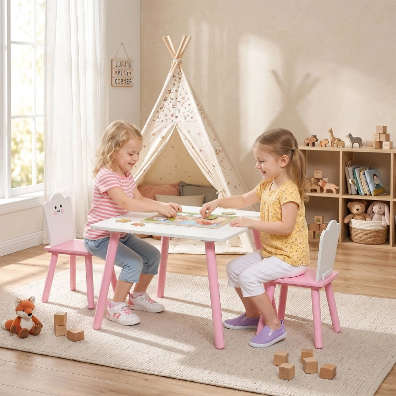 Set tavolo e sedie per bambini, 3 pezzi, 1 tavolo, 2 sedie, rosa e bianco