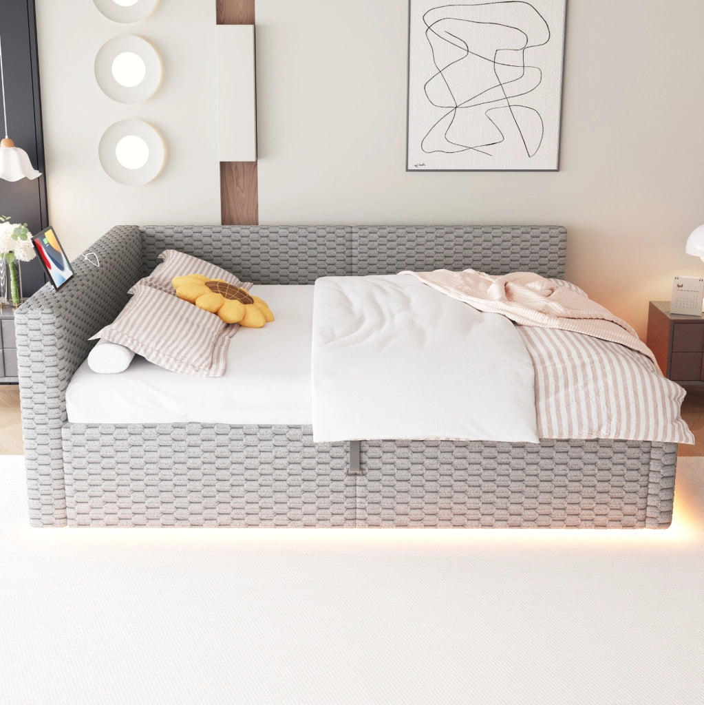 Letto imbottito 140x200 cm con contenitore, LED e porte USB/Type-C