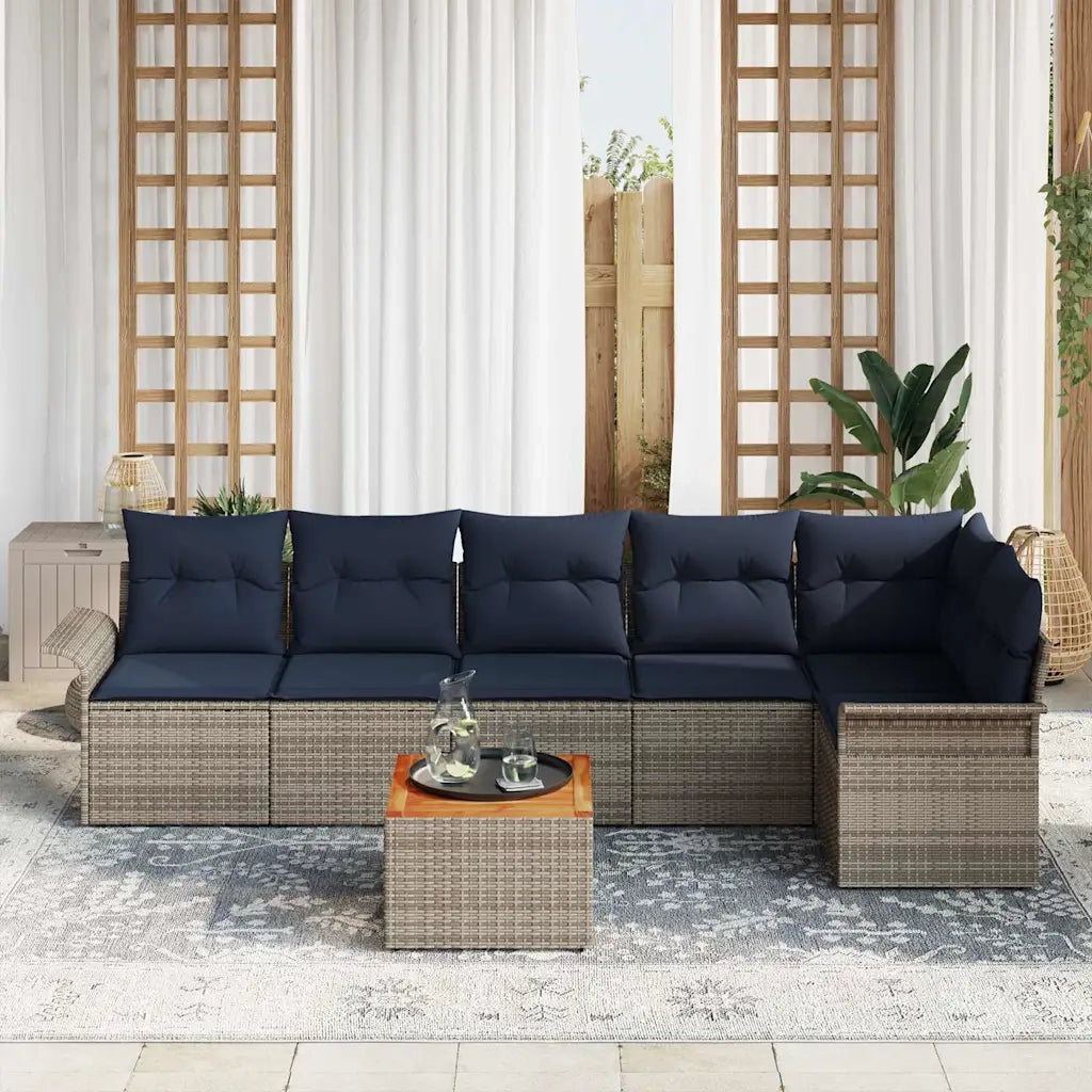 Set Divano da Giardino 7 pcs Grigio e Blu Navy polyrattan 3356008