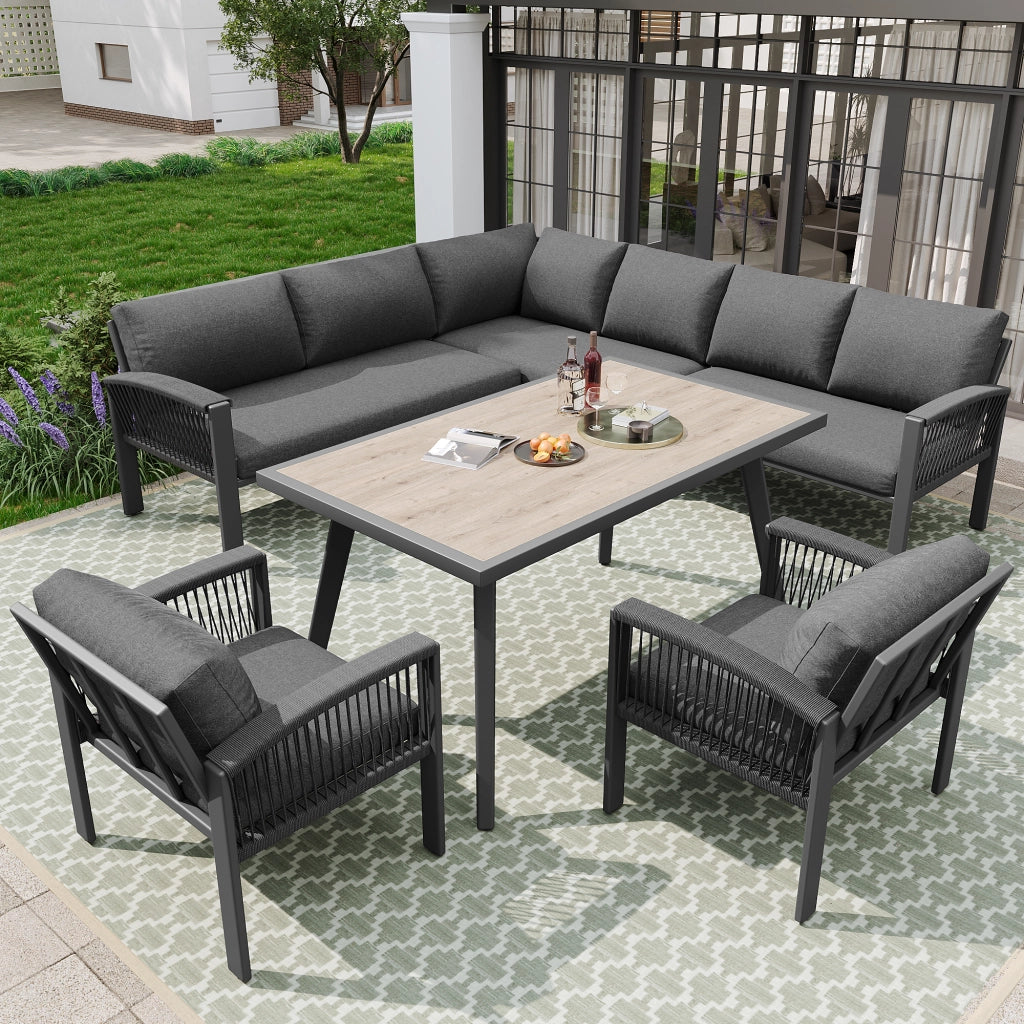 OKWISH Set da 6 Pezzi da Giardino con 1 Divano Grande, 2 Divani Piccoli, 2 Poltrone e 1 Tavolo, Metallo Legno Grigio