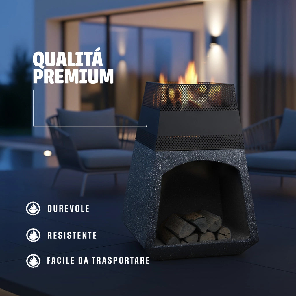 Braciere da Esterno a Legna con Porta Legna Integrato in MGO e Ferro Verniciato a Polvere, Fire Pit da Giardino con Base Effetto Pietra, Resistente a Ruggine e Calore 44 cm