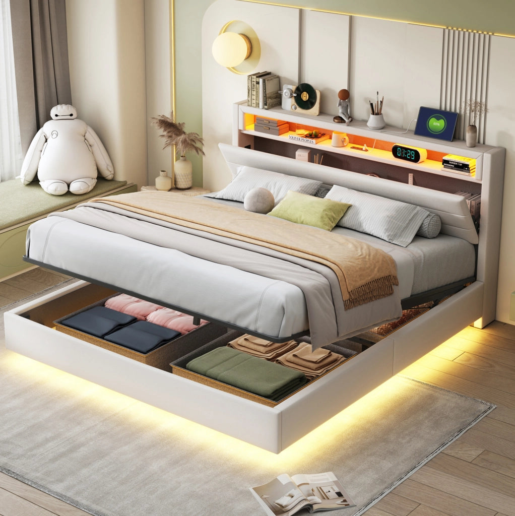 Letto matrimoniale imbottito 160x200 cm con USB; LED e contenitore idraulico; beige