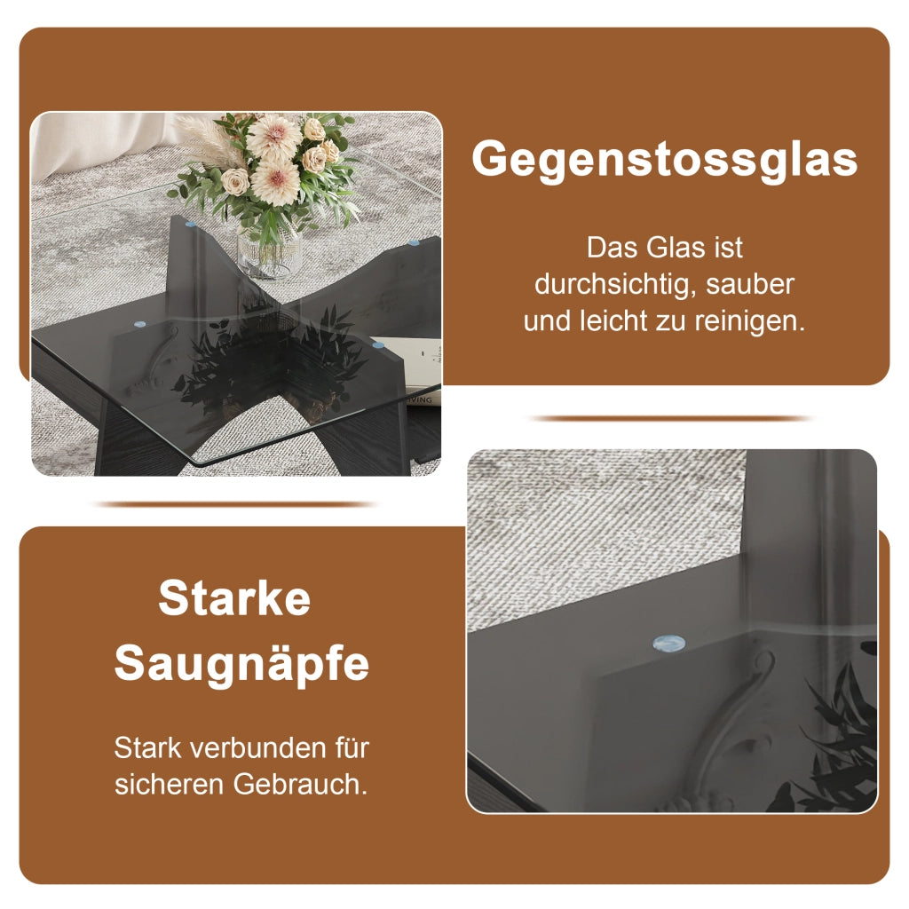 Tavolino/tavolino da caff¨¨ moderno di forma quadrata, realizzato in vetro temperato ¨C lati da 80 cm. Gambe in MDF con effetto legno nero. Ideale per s