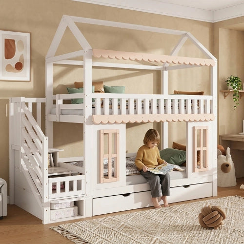 Letto a castello casetta 90x200 cm LEMONMAX per bambini, scala contenitore, 2 cassetti, finestre decorative, pino e MDF, bianco e naturale