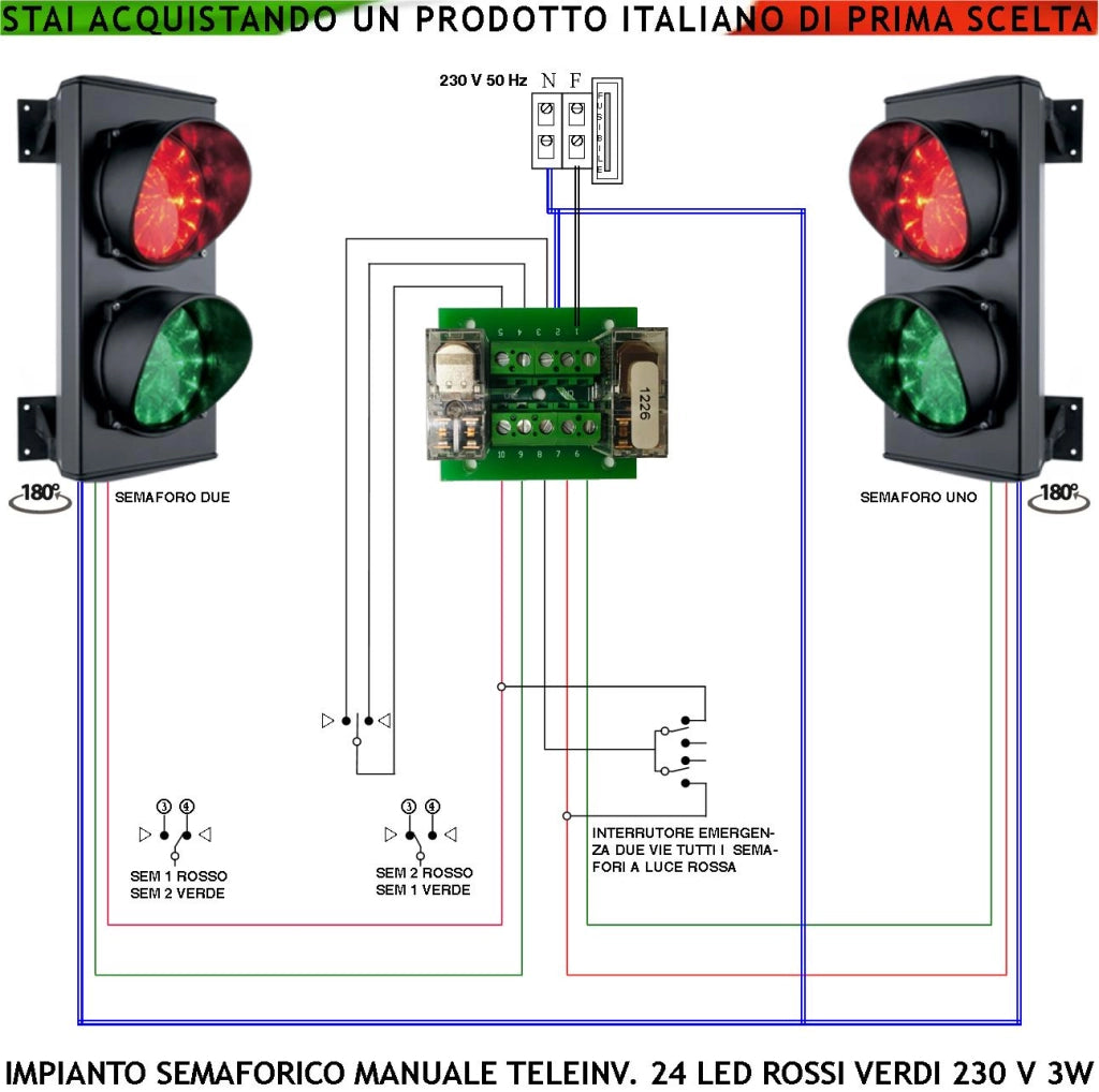 Semaforo Esterno Garage 24 Led Rossi e 24 Led Verdi Lente Ø 124 mm Orientabili 180° Alimentazione 230 V 3 W IP65 Funzioni Teleinvertitore Interbloccato 230 V Comando da Operatore Controllo Parcheggio