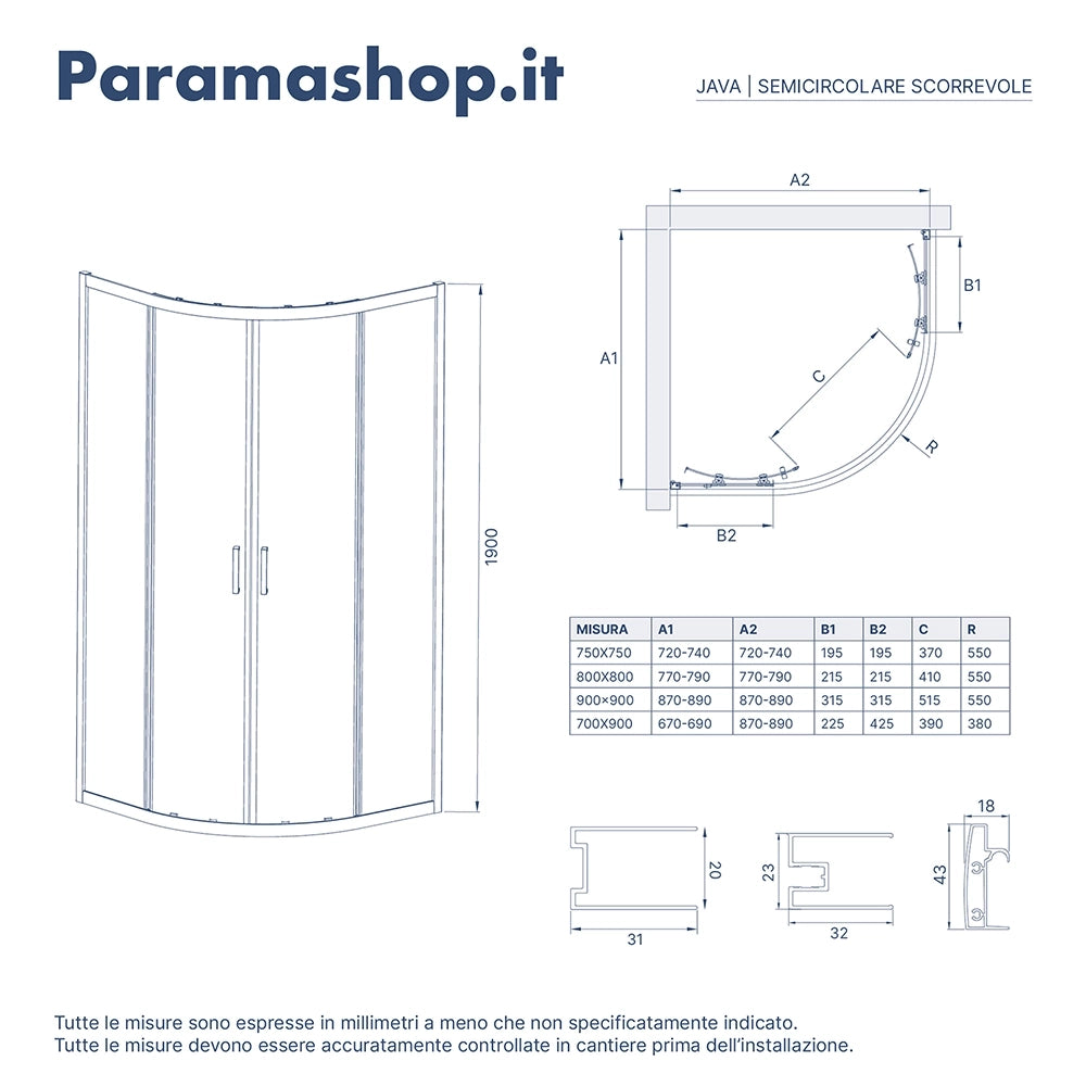 Box doccia 90x90cm semicircolare apertura scorrevole cristallo 6mm trasparente | Java