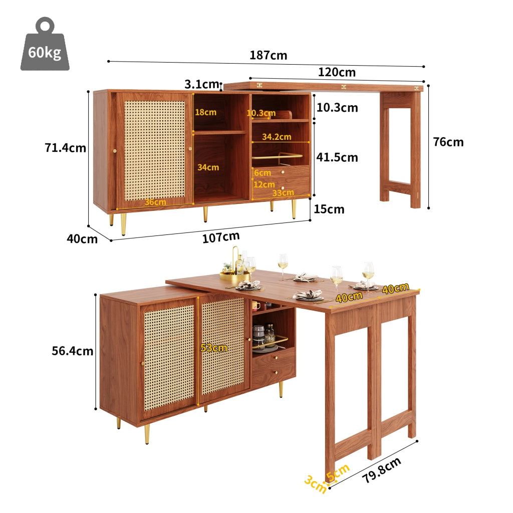 Tavolo Bar Girevole 360¡ã con Anta in Rattan e Ripiano ¨C MINIMAL ¨C Legno Marrone 107x40x71