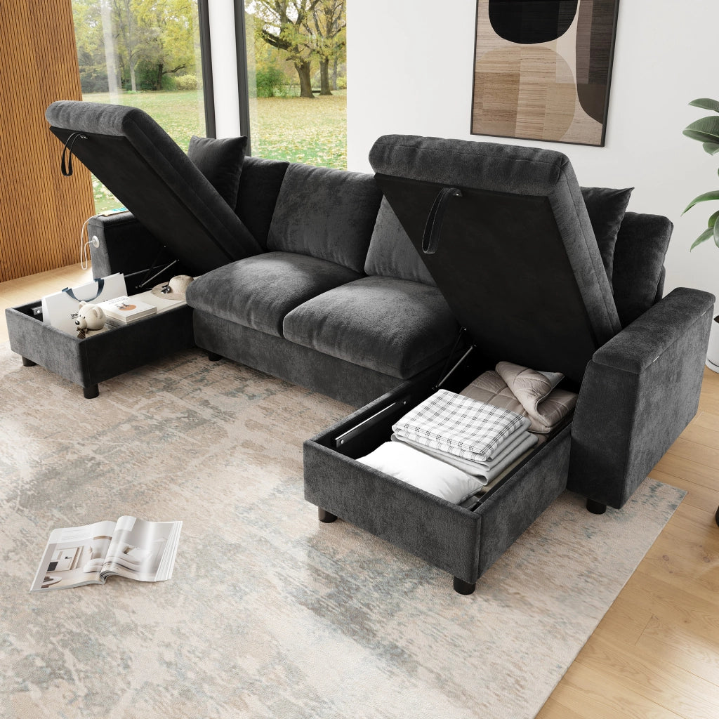 DIVANO U con chaise longue, 279x135x84 cm, Chenille Grigio, USB e Type-C