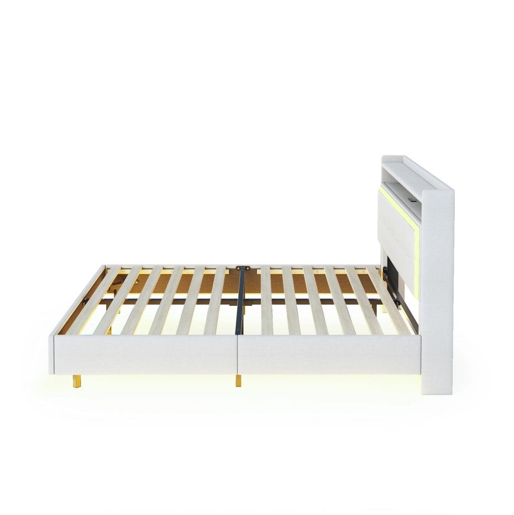 Letto imbottito 140x200 con USB e luci LED, beige