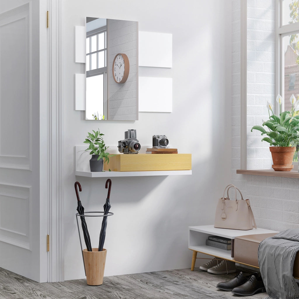Set di Mobili da Ingresso con Specchio e Cassetto, Arredamento Moderno in Legno con Specchiera 40x70cm, Fissaggio a Muro