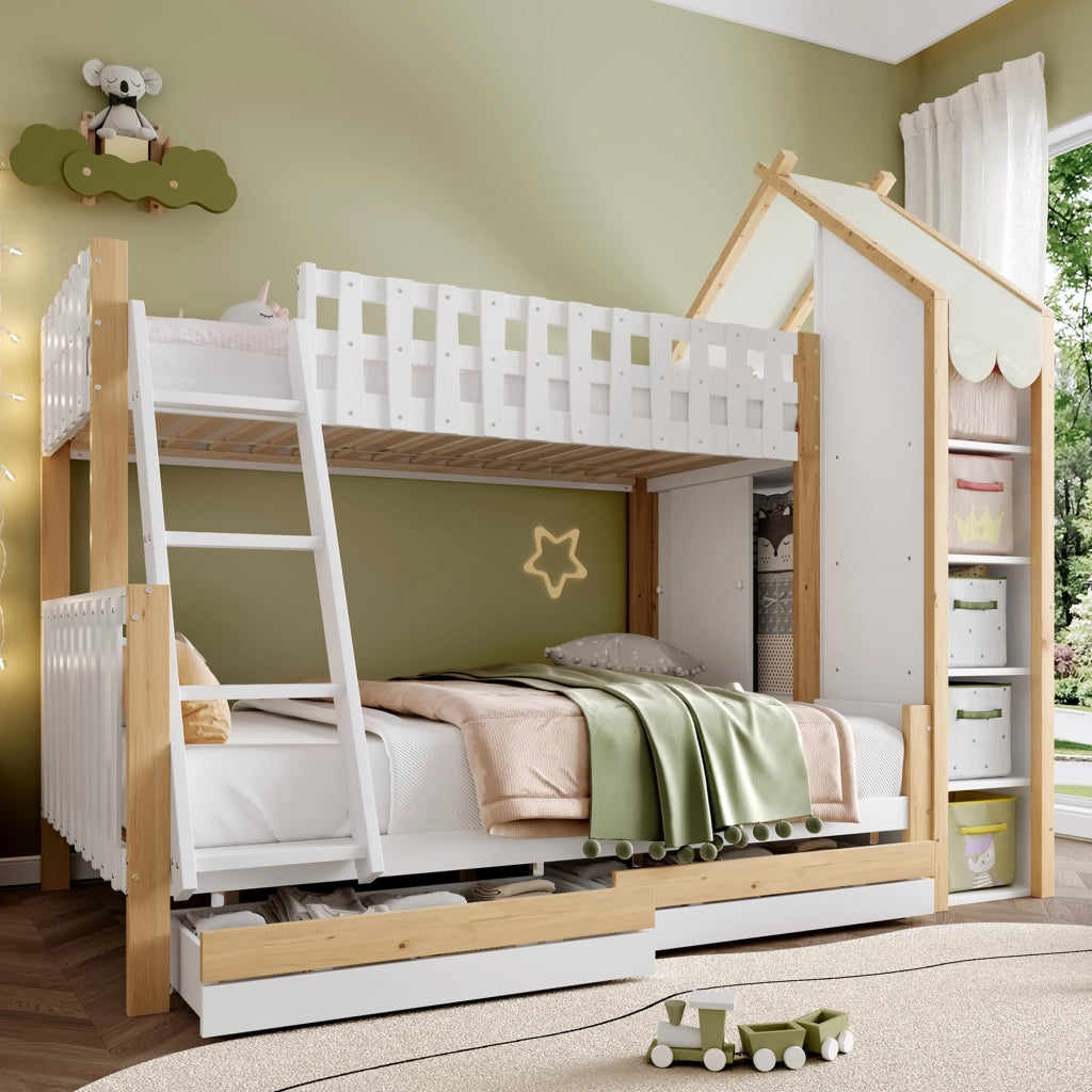 DESMIU Letto a castello per bambini 90 × 200 cm e 140 × 200 cm con contenitori, senza materasso, bianco naturale