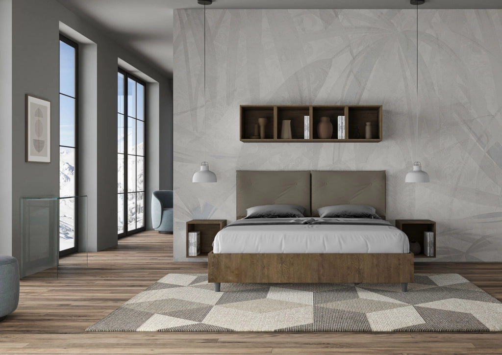 BS COM Letto matrimoniale contenitore doppia alzata 160x200 Noce cuscini similpelle cappuccino