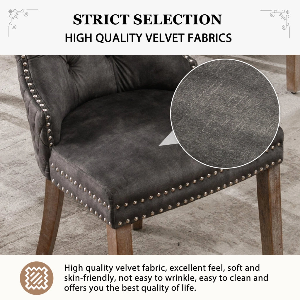 Set di 4 sedie da pranzo in velluto con borchie decorative; gambe regolabili in legno massello; grigio