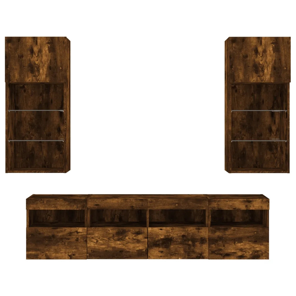 Mobili TV a Muro con LED 5pz | Armadietto TV | Mobile Porta TV Rovere Fumo in Legno Multistrato