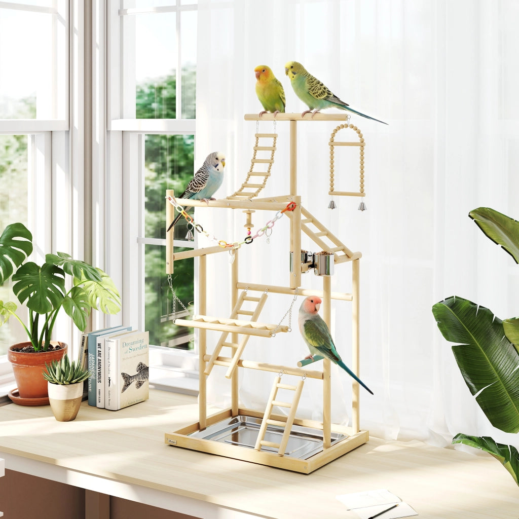 Trespolo per Pappagalli 48x38x95 cm con Giochi Vassoio Rimovibile e Posatoi in Legno Naturale