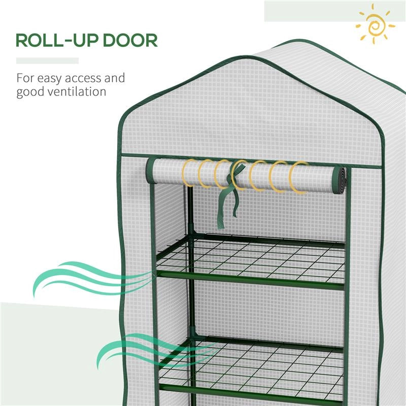 MINI SERRA DA GIARDINO CON COPERTURA IN PE, 3 RIPIANI E PORTA AVVOLGIBILE, 59X39X127CM, BIANCO