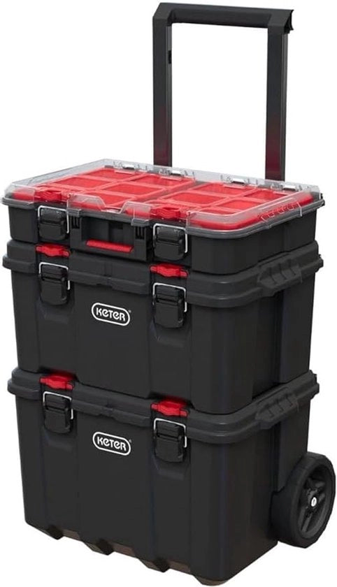 Set di 3 Scatole di Archiviazione Stacking Keter – Stack N Roll – Robuste e Mobili – Ideali per Officina, DIY e Magazzino