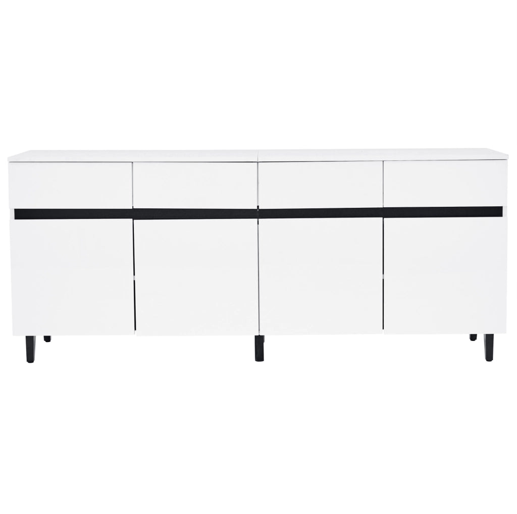 Credenza moderna bianca lucida 160x40x68 cm in truciolare; con 4 cassetti e ripiani regolabili