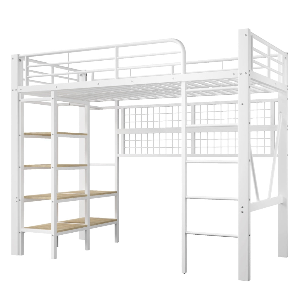 Letto a soppalco 90x200 cm con LED; vano portaoggetti e griglia appendiabiti in metallo e MDF