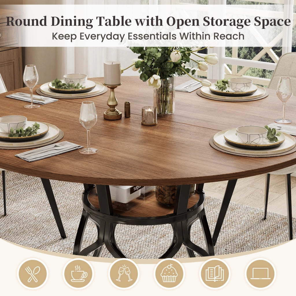 Tavolo da pranzo rotondo 100x100x75 cm, tavolo da cucina per 4-6 persone con vano contenitore integrato, piano in MDF effetto noce, struttura moderna