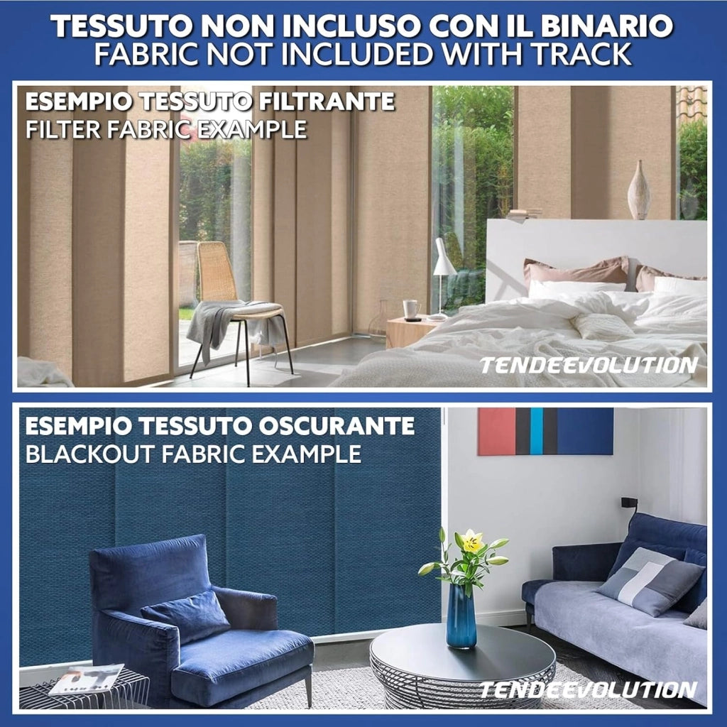Bastone per Tende A Pannello Comando a Corda Apertura a destra, Binario a 4 vie con portapannelli da 55 CM, Attacco Soffitto Lunghezza 210 CM