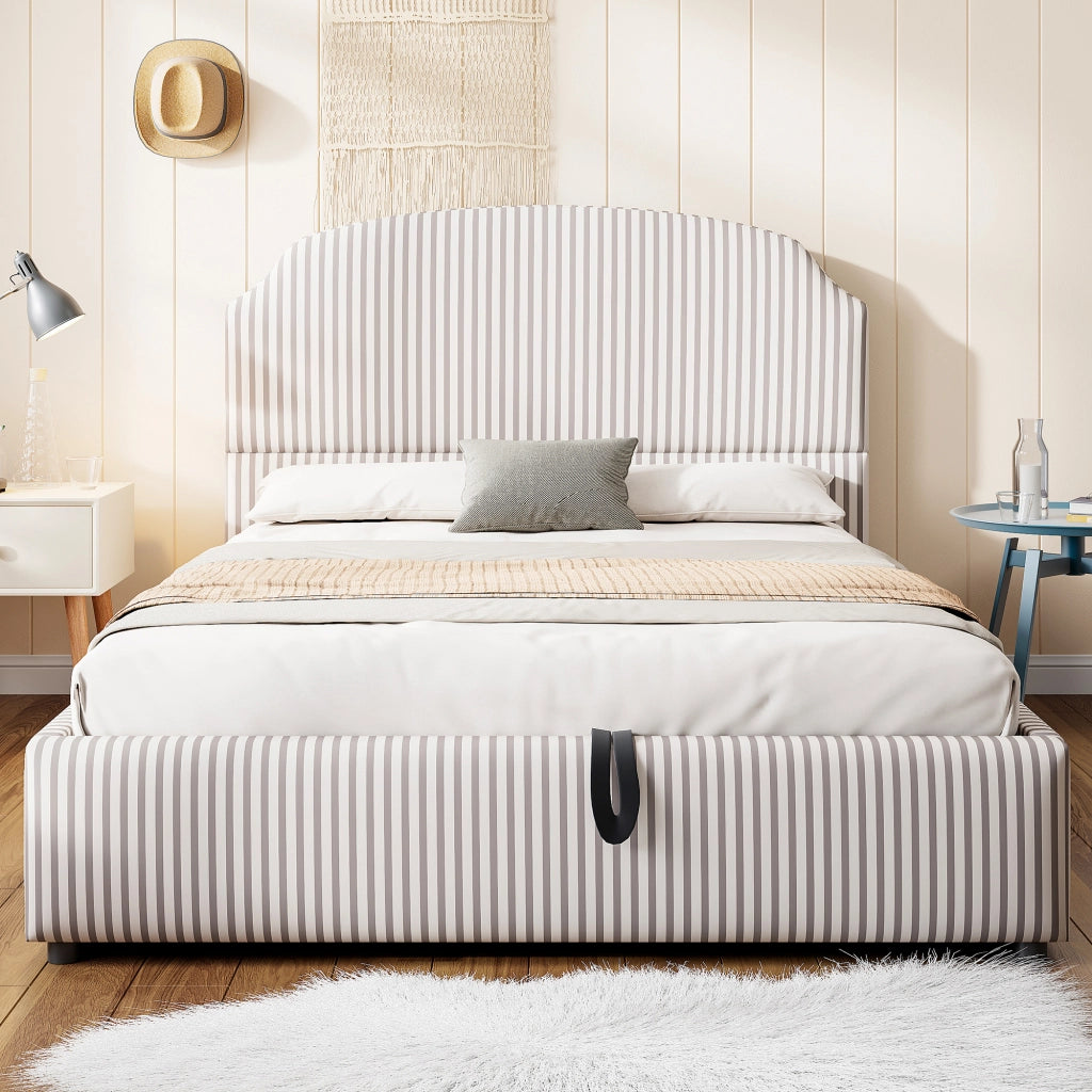 DESMIU Lit contenitore 140 × 200 cm 2 posti con vano idraulico e testiera, senza materasso, in tessuto rigato bianco e antracite