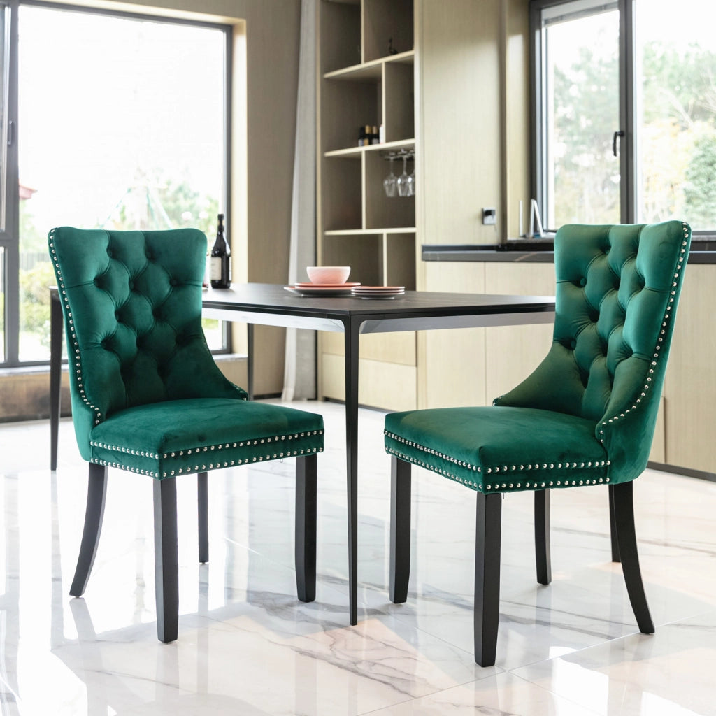 Nikki Collection - Set di 2 sedie da pranzo moderne e di alta gamma in legno massello trapuntato con rivestimento in velluto e gambe in legno con borc