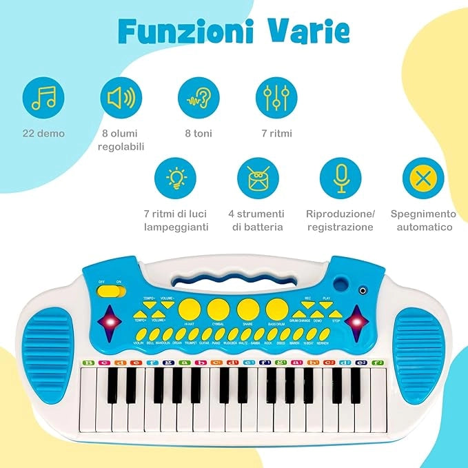 Pianoforte Digitale per Bambini 31 Tasti, Tastiera Elettronica Portatile, con Microfono e Luci, Funzionamento Registrazione e Playback, 3+ Anni, 45x23x45 cm (Blu)