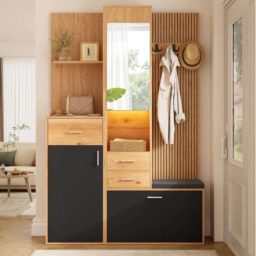 GUARDAROBA Ingresso con Specchio Panchina e Scarpiera LED 120x32x178 cm Nero Naturale