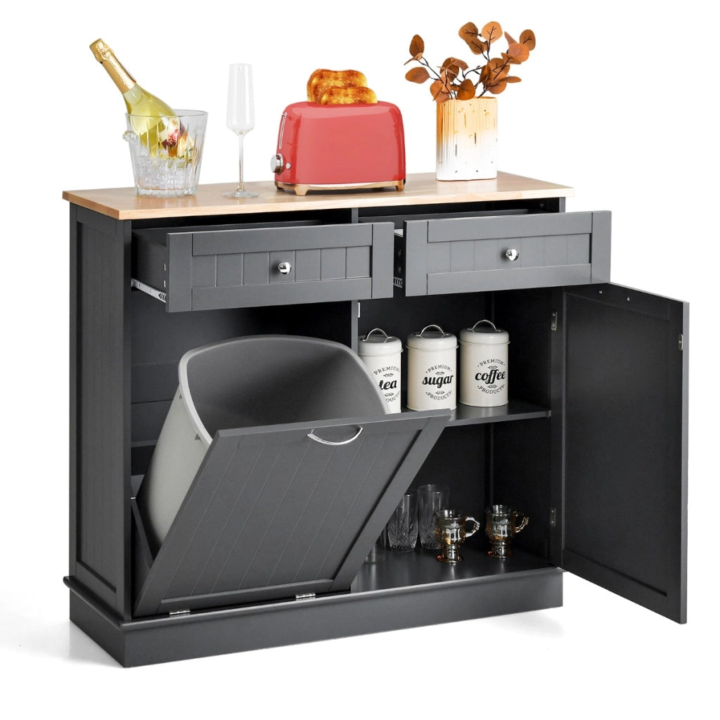 Mobile per pattumiera ribaltabile da cucina, Mobile con vano per pattumiera piano in legno di gomma 2 cassetti Grigio