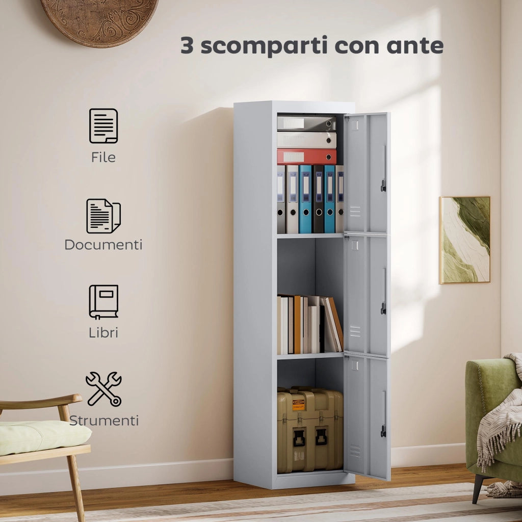 Armadio per Ufficio in Acciaio a 3 Porte Indipendenti con Serratura e 2 Chiavi, 45x38x180 cm, Grigio Chiaro