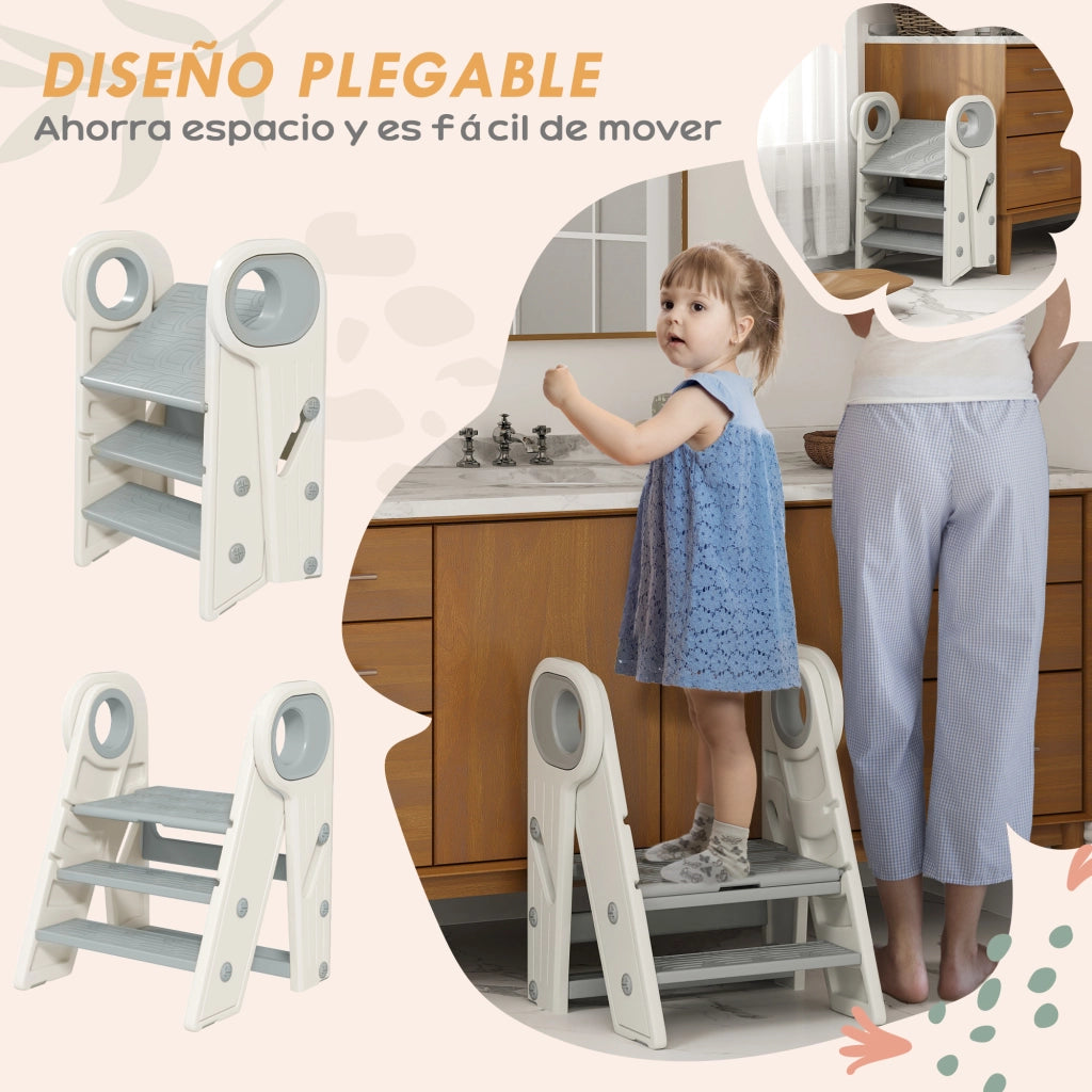 Torre di apprendimento regolabile per bambini ¨C Xylo ¨C Grigio e bianco con scaffale antiscivolo