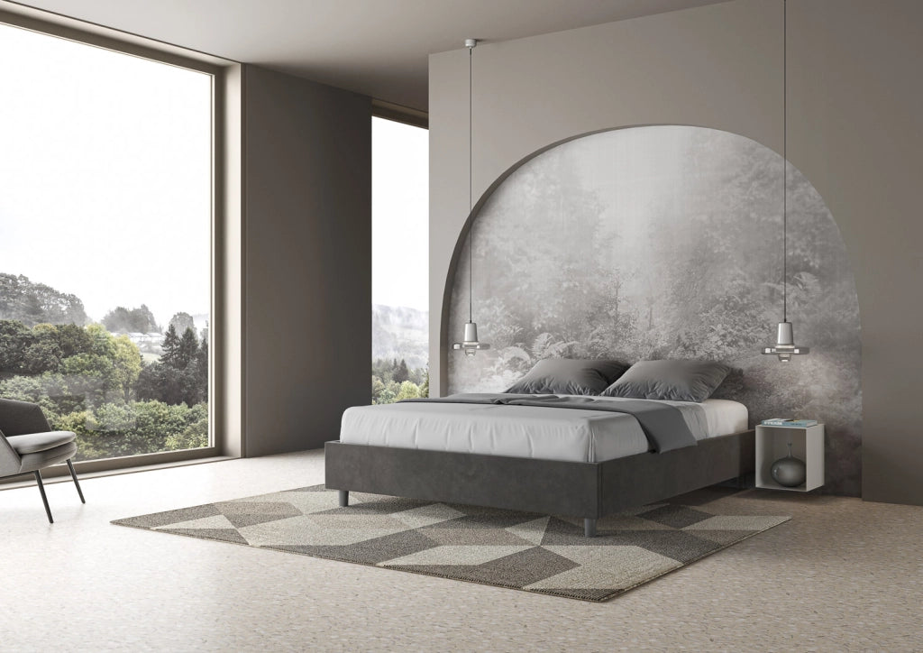 BS COM Letto matrimoniale francese con rete imbottito 140x200 microfibra grigio
