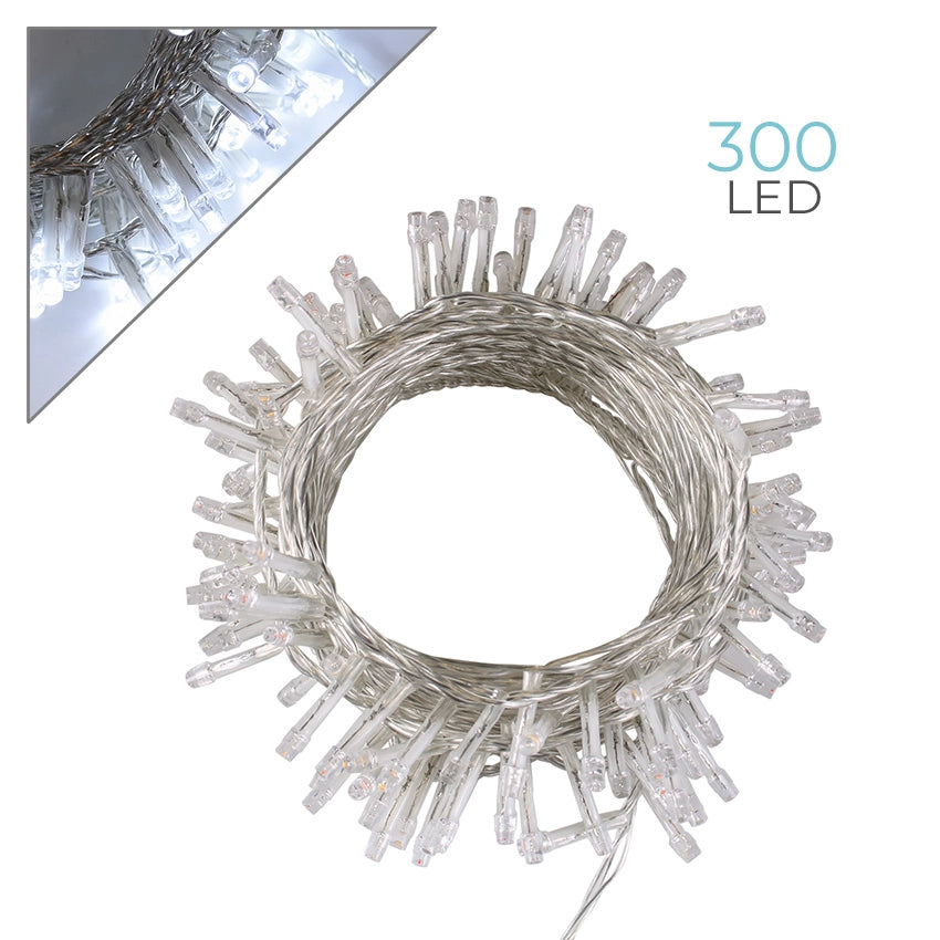 CATENA LUMINOSA 300 LED CON CAVO TRASPARENTE LUCE BIANCA 7 MODALITA' DI ILLUMINAZIONE + LUCE FISSA - DECORAZIONE PER INTERNI ED ESTERNI