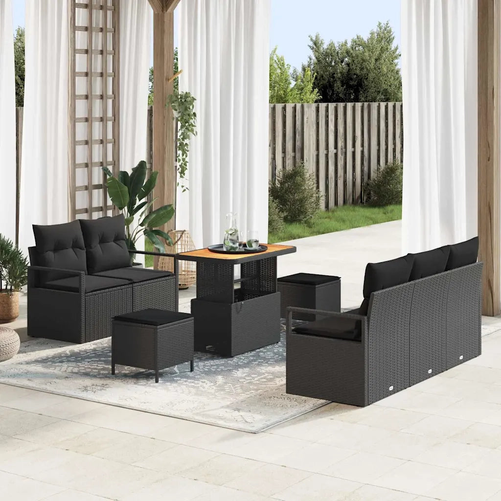 Set Divano da Giardino con cuscino 8 pcs Nero polyrattan