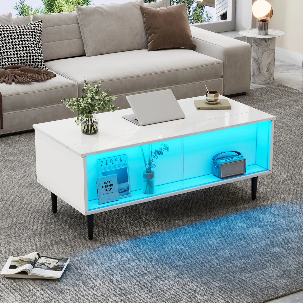 Tavolino da salotto regolabile in altezza 105 x 50 x 43 cm con LED, vani nascosti e ante scorrevoli in vetro temperato, bianco
