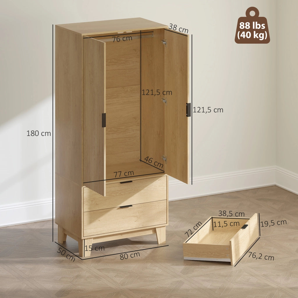Armadio 2 ante scorrevoli ¨C Xylo ¨C 2 cassetti, barra appendiabiti, legno naturale, 80x50x180cm