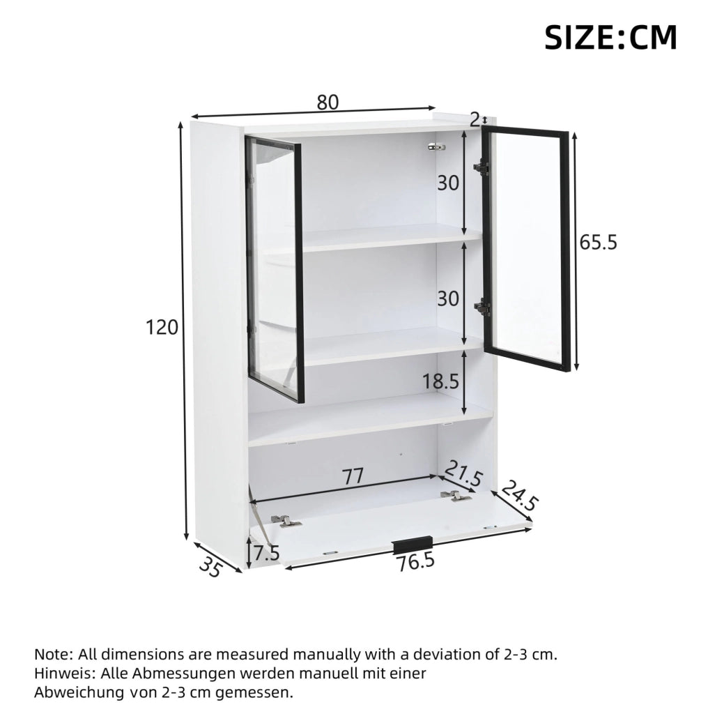 Vetrina 120x80x35 cm con illuminazione LED e ante in vetro; pannello truciolare bianco