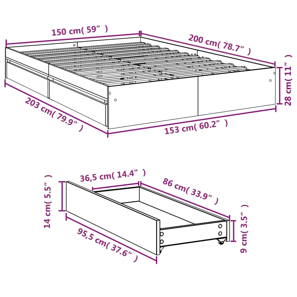 Letto matrimoniale | Letto per adulti | Giroletto Cassetti Grigio Sonoma 150x200 cm Legno Multistrato