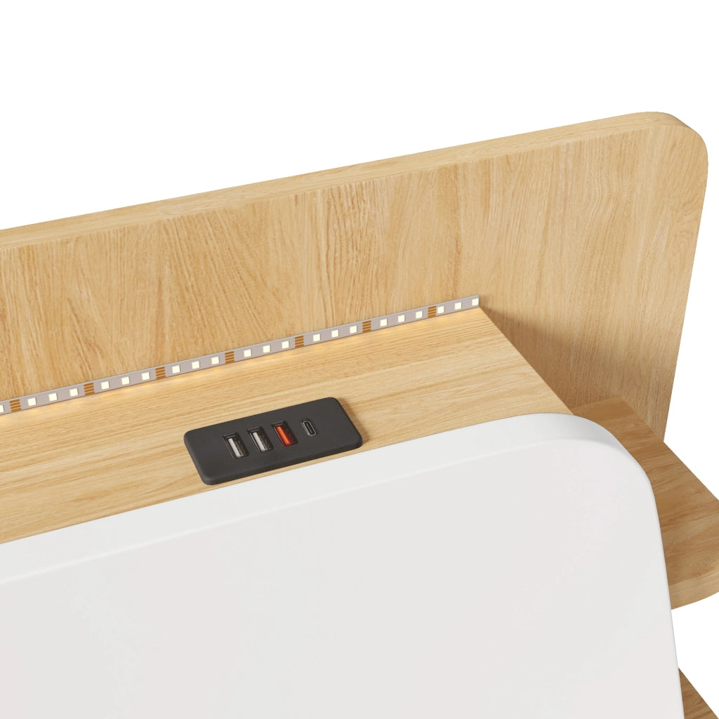 Letto contenitore 140×200 cm; letto matrimoniale con sollevamento idraulico; USB Type-C e LED; senza materasso; in pino; bianco e naturale