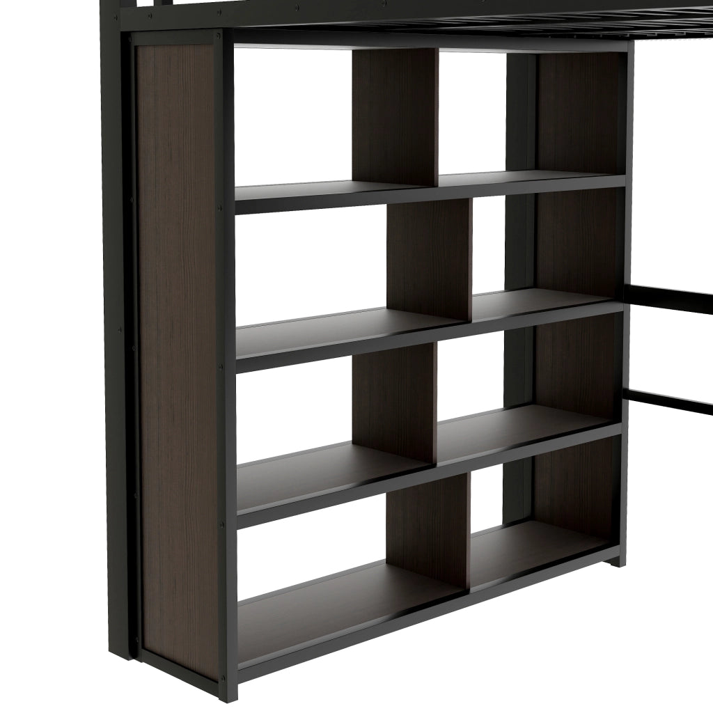 OKWISH Letto a soppalco 140×200 cm, Letto Matrimoniale con Scrivania, Mensole, LED Regolabile e Scale con Contenitore, senza Materasso, Nero