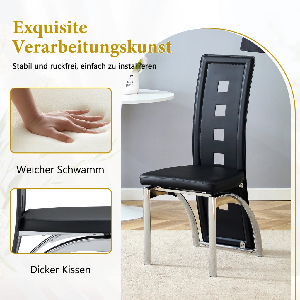 [Set di 2] Sedie da pranzo di design europeo con motivo traforato, in similpelle nera e gambe in metallo color argento, altezza 102,5 cm, ideali per s