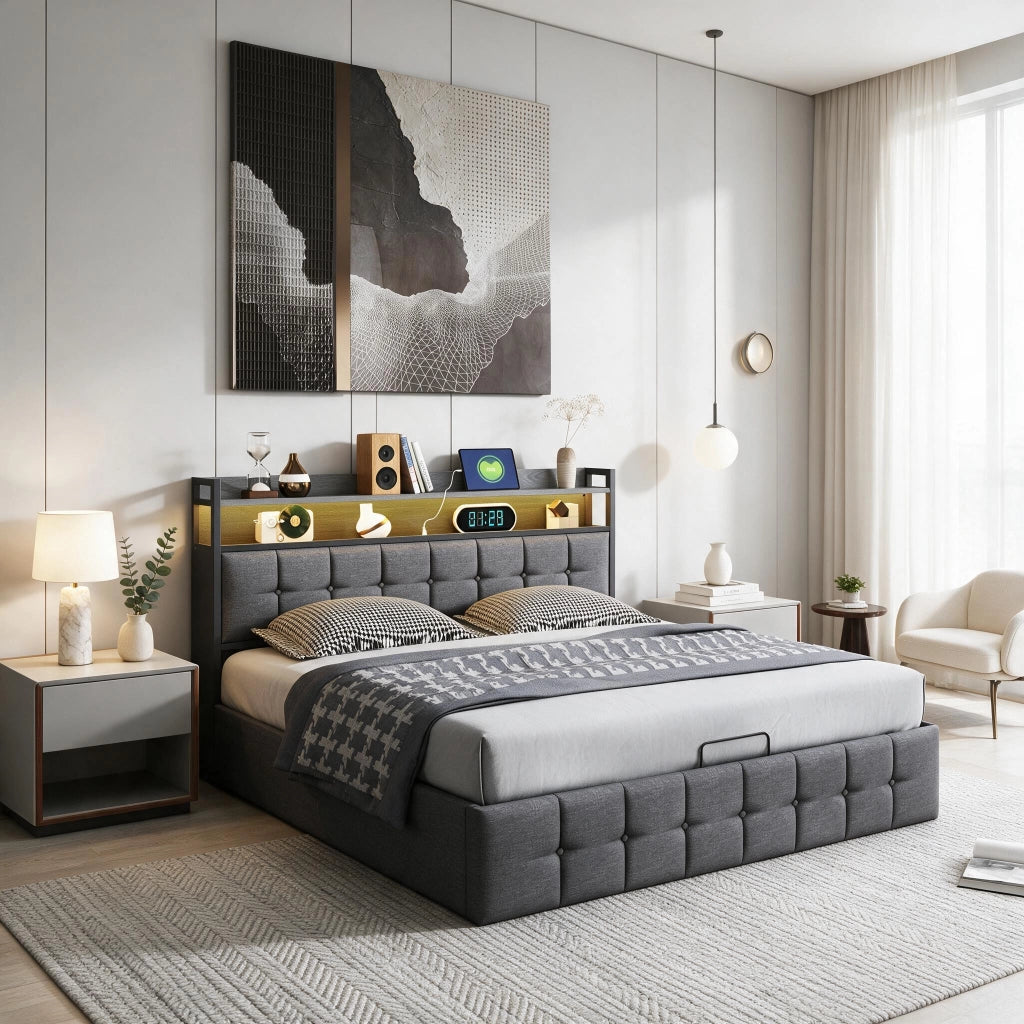 Letto matrimoniale 140x190 cm con contenitore LED USB testiera struttura letto MDF e PU - grigio