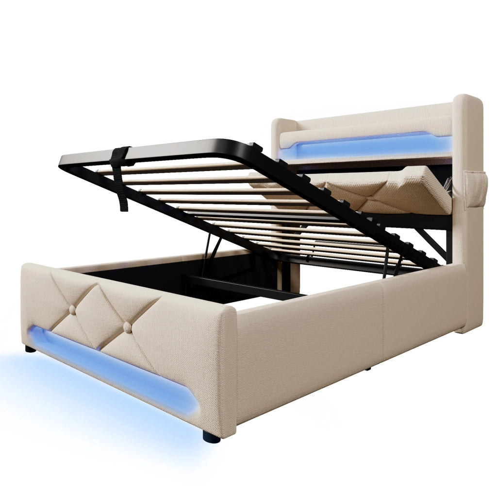 Letto imbottito 90x200 con materasso, LED, USB e vano contenitore