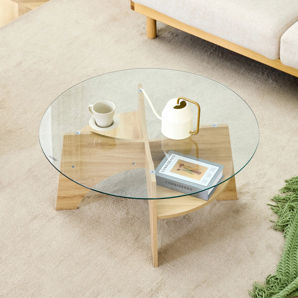 Tavolino da caff¨¨ rotondo moderno in vetro ¨C ? 80 cm con piano trasparente, design multifunzionale. Struttura a ventaglio, gambe in MDF effetto legno