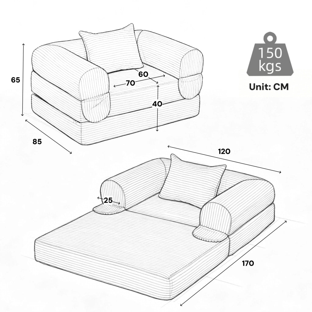 Poltrona letto singola convertibile 2 in 1 con cuscino e design salvaspazio in tessuto a coste arancione